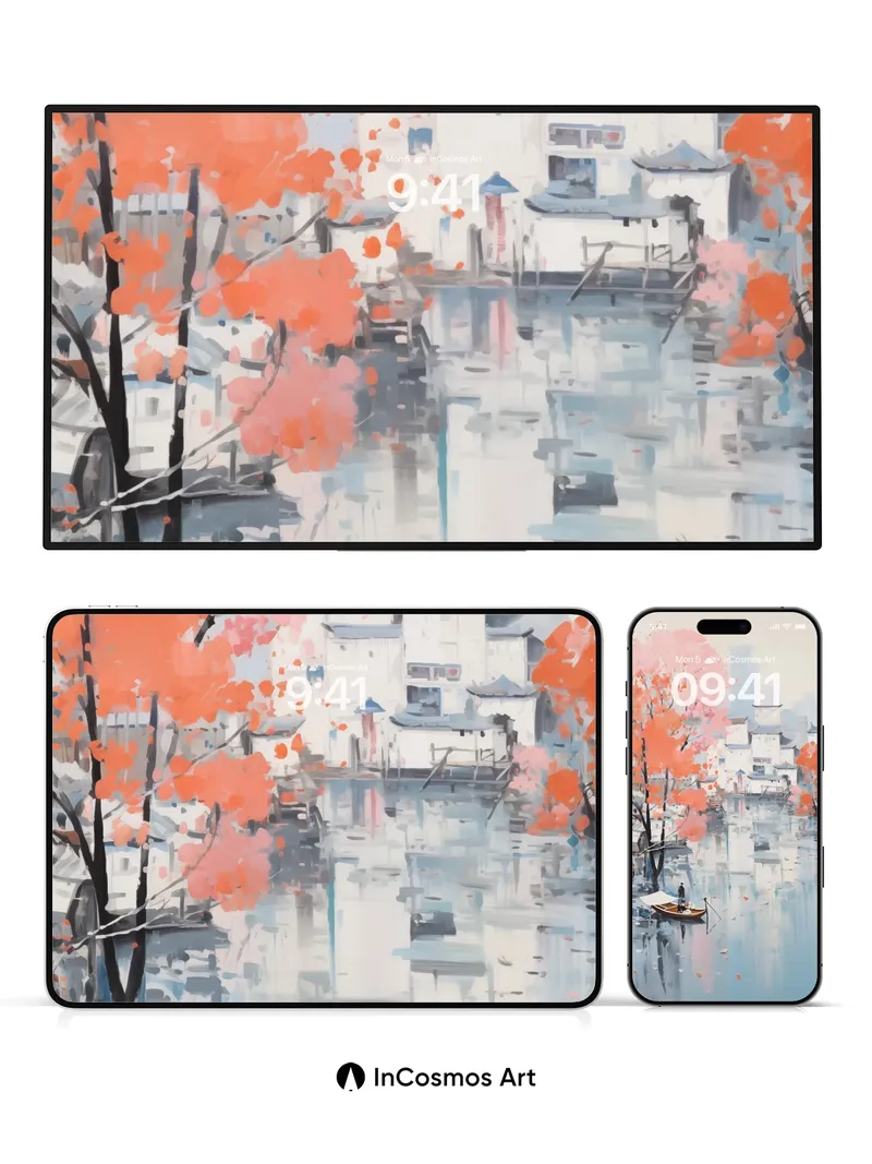 Serene Watercolor Wallpaper with Autumn Reflections