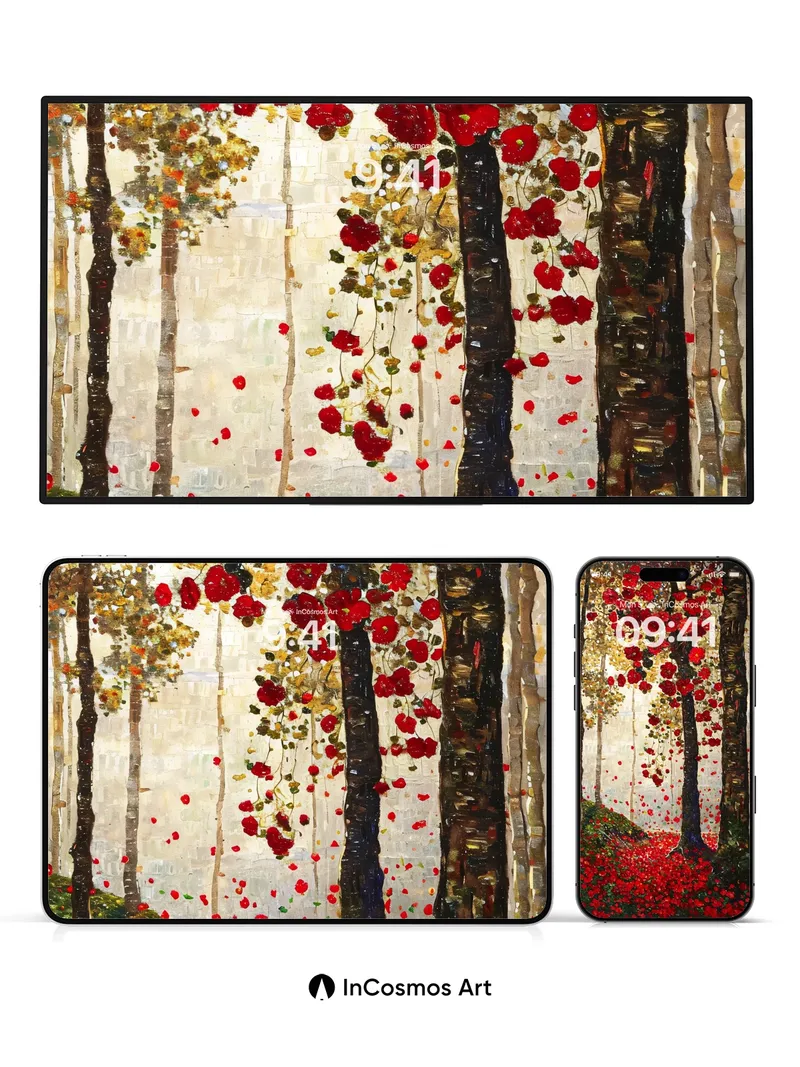 Velvet Forest Wallpaper with Crimson Canopy