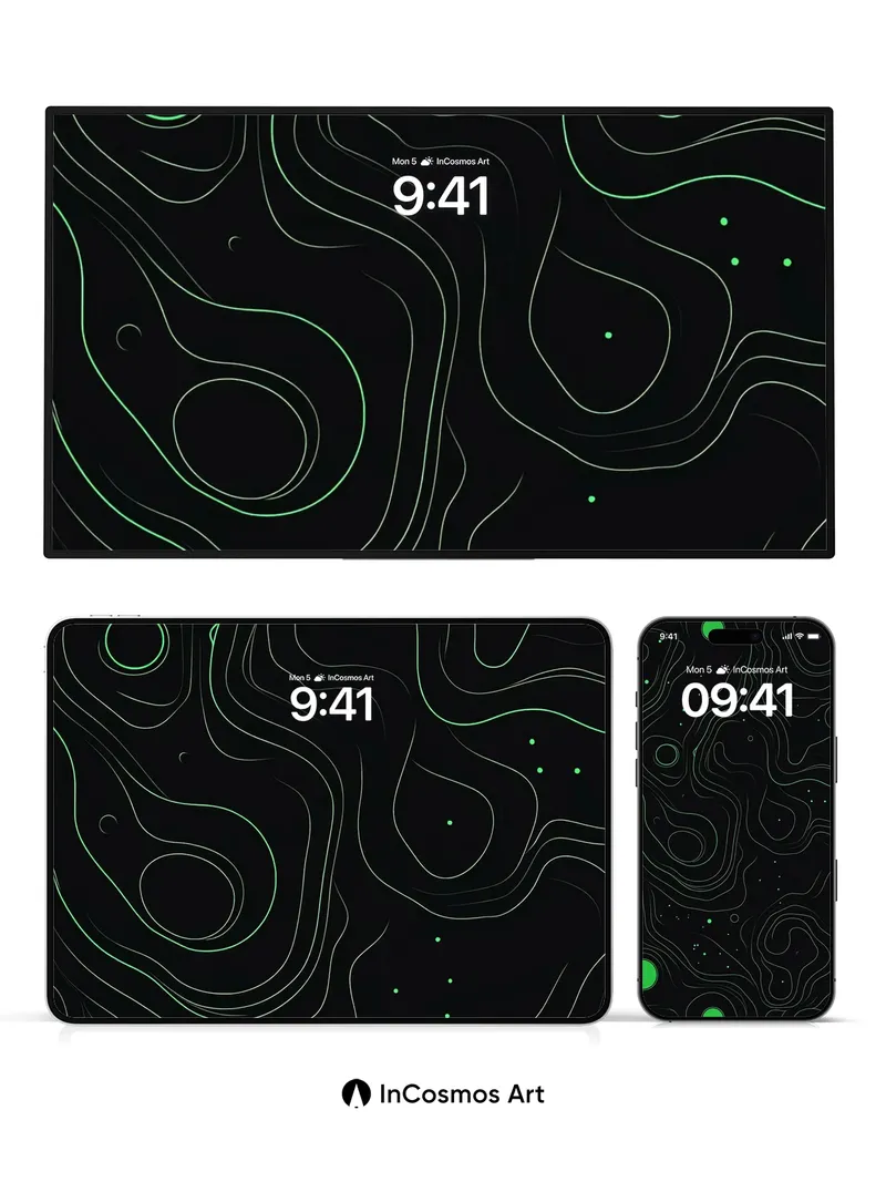 Neon Topography Wallpaper with Floating Circles
