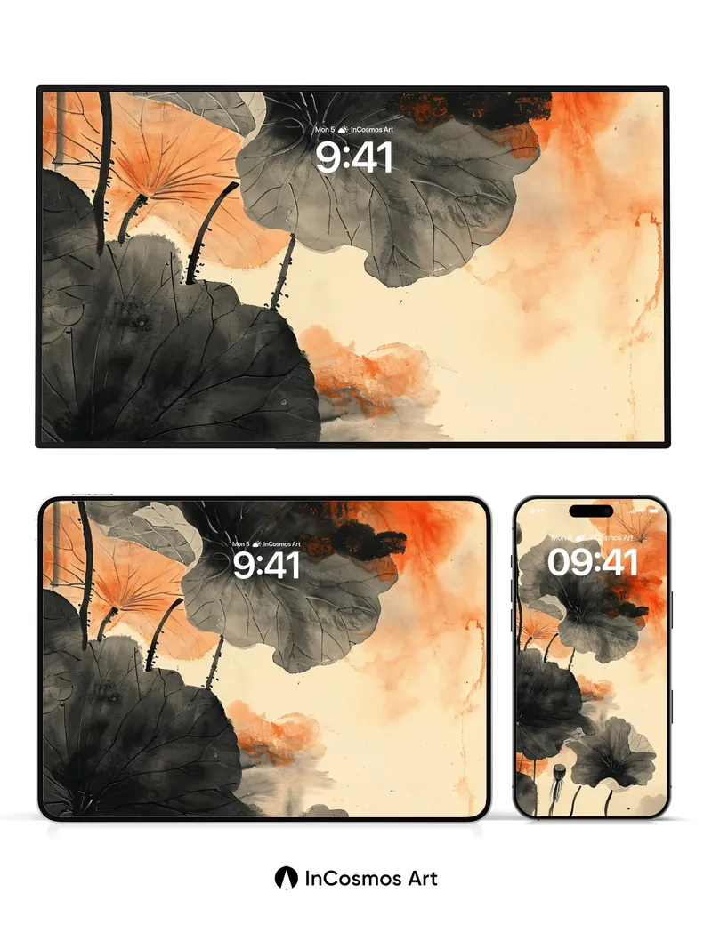 Ink Bloom Wallpaper with Floating Lotus Shadows