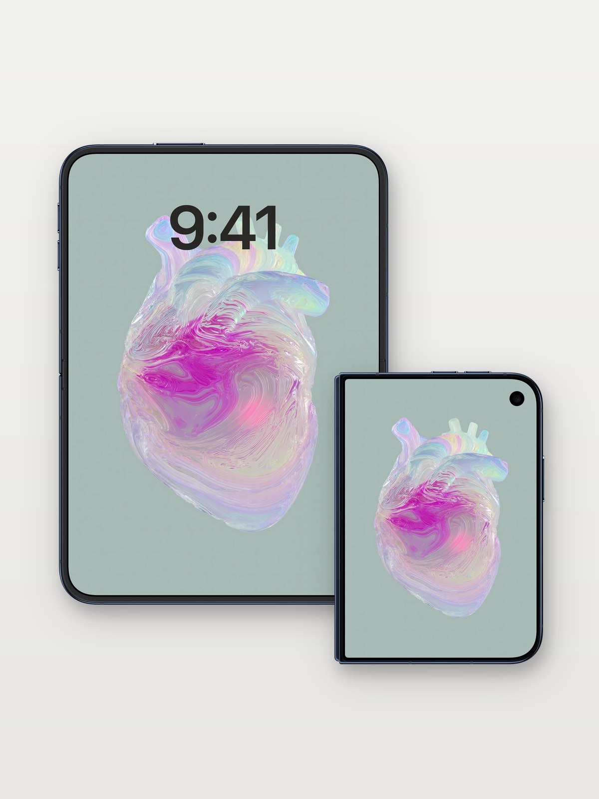 Pearlescent Heart Wallpaper with Iridescent Swirls on iPhone Duo, open and closed