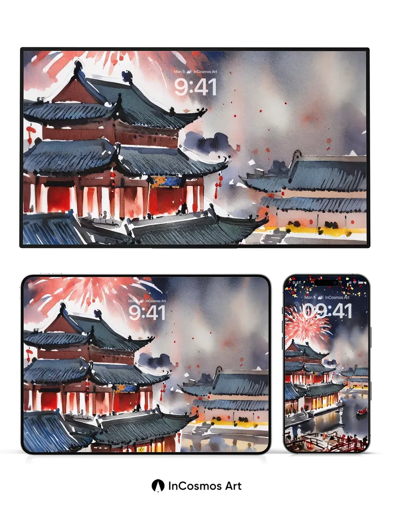 Firework Reverie Wallpaper with Floating Lanterns