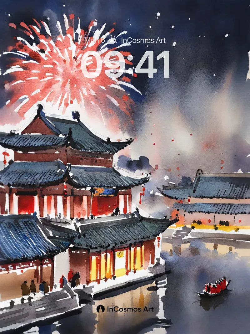 Firework Reverie Wallpaper with Floating Lanterns