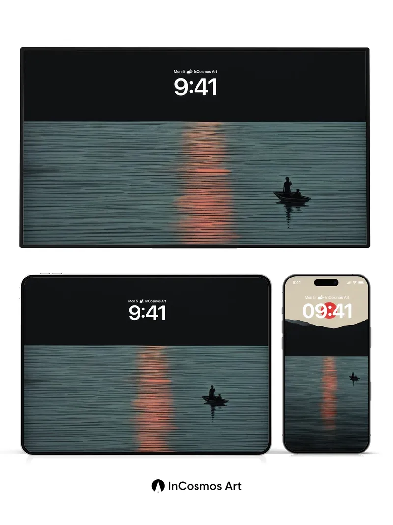 Crimson Horizon Wallpaper with Silent Rowboat