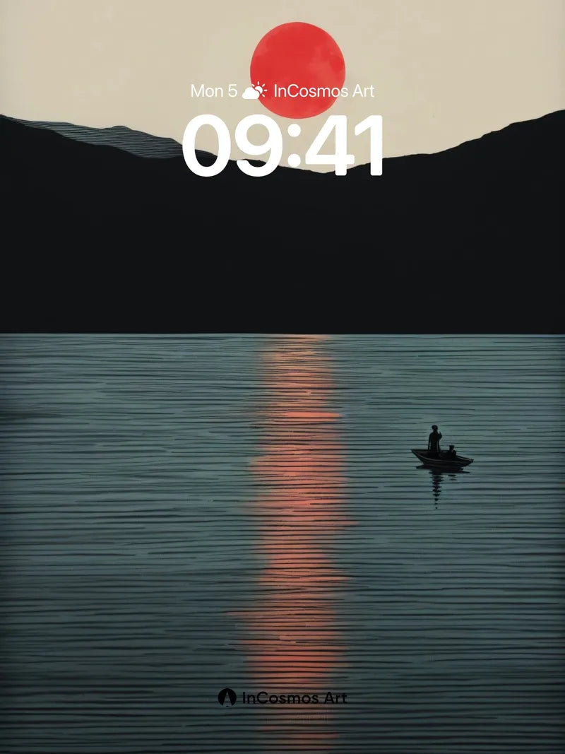 Crimson Horizon Wallpaper with Silent Rowboat