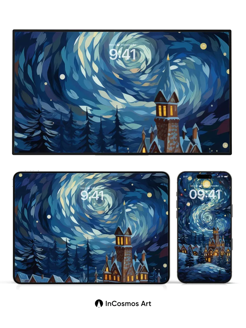 Starry Whirlwind Wallpaper with Snow-Crowned Castle