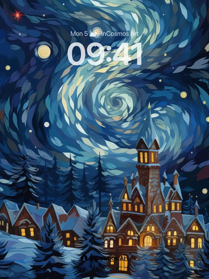 Starry Whirlwind Wallpaper with Snow-Crowned Castle