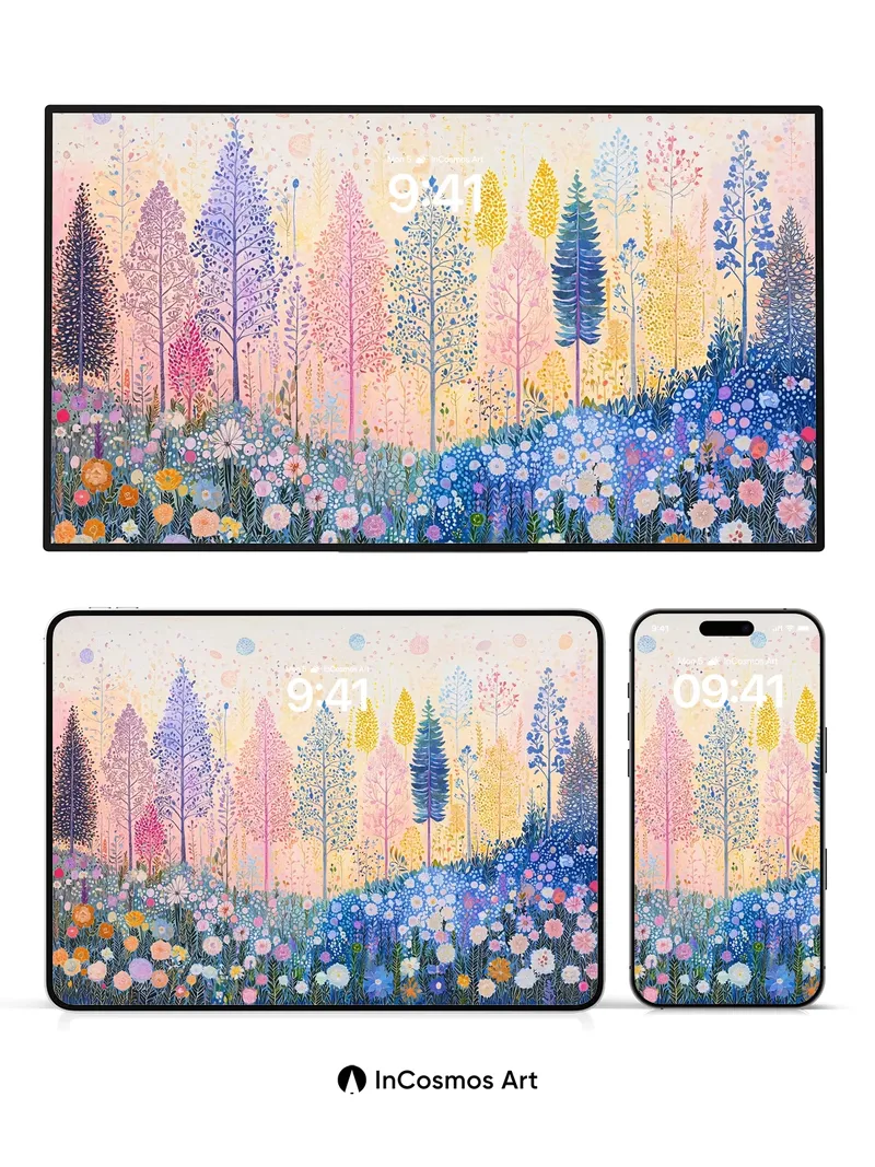 Whispering Bloom Wallpaper with Ethereal Trees