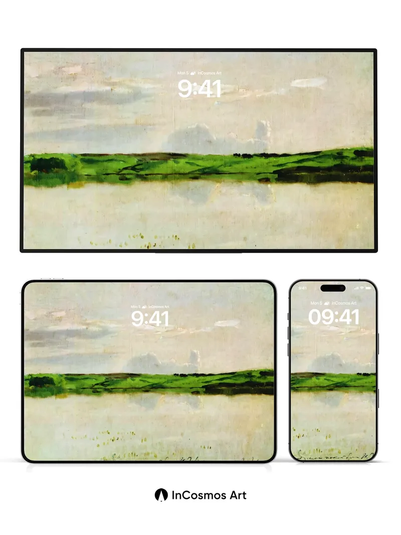 Serene Horizon Wallpaper with Soft Green Fields