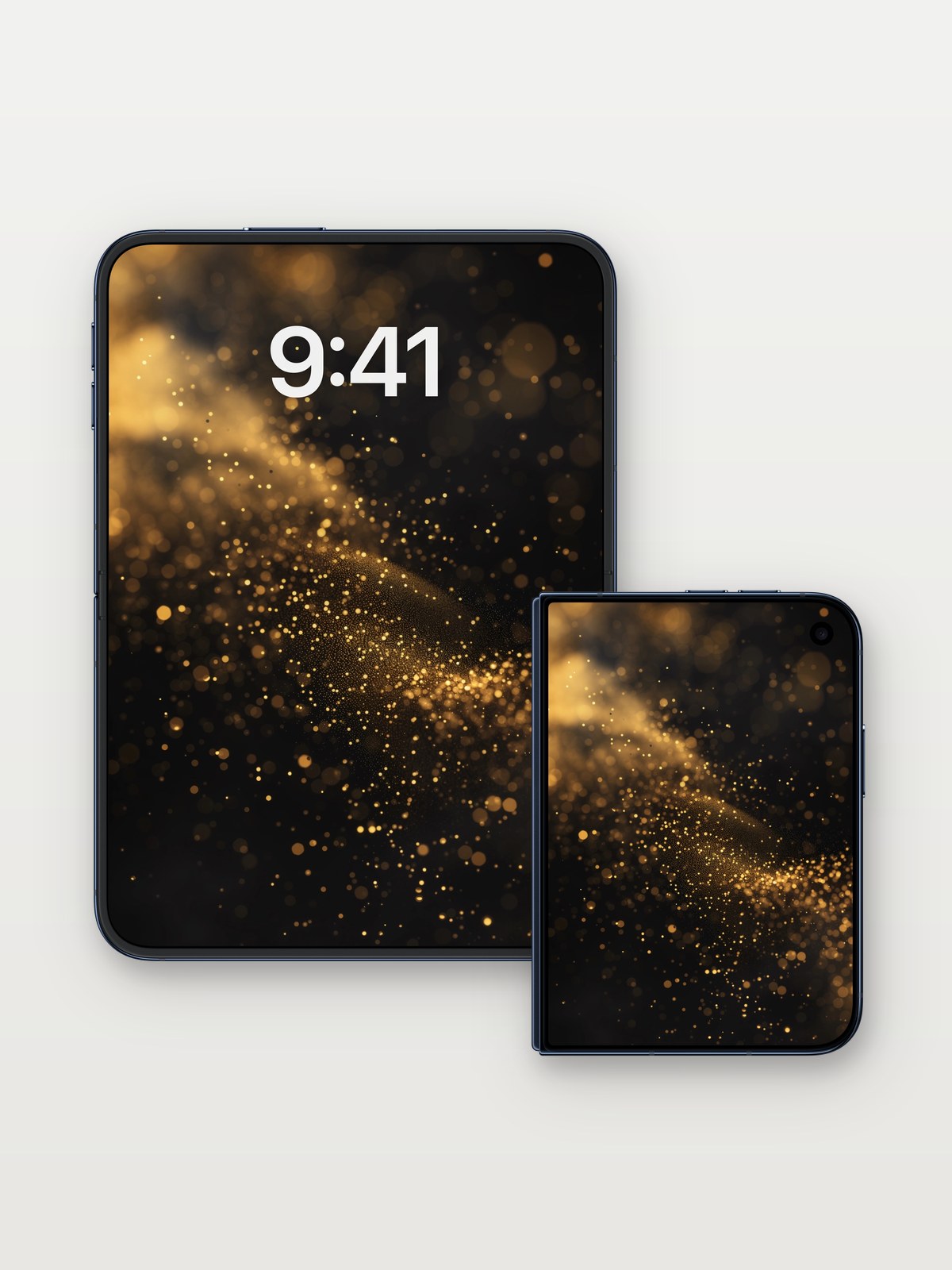 Golden Dust Wallpaper with Celestial Drift on iPhone Duo, open and closed