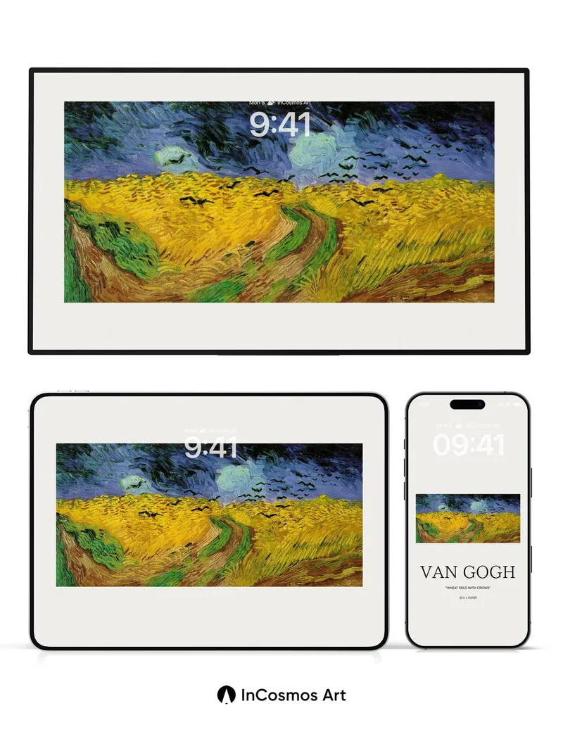 Storm-Whipped Wheat Field Wallpaper with Crows in Flight