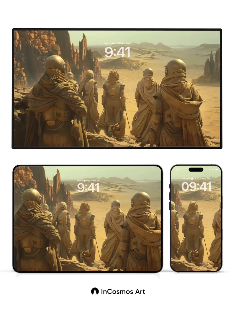 Desert Pilgrimage Wallpaper with Sand-Whispered Cloaks