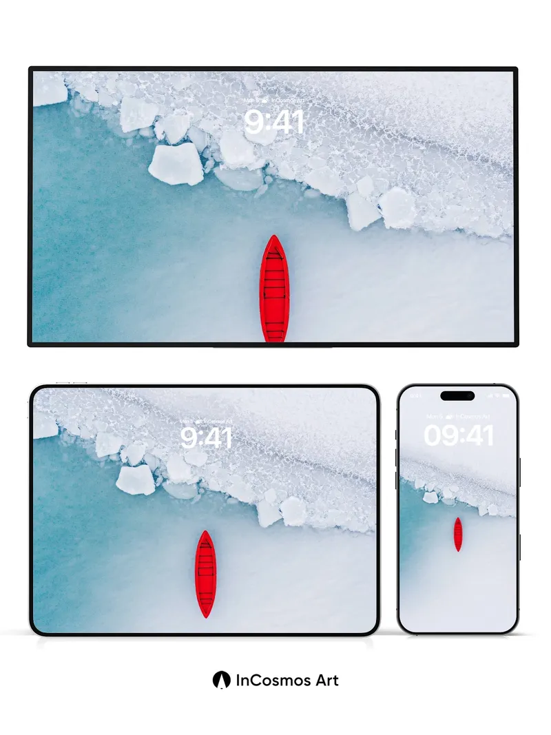 Frozen Silence Wallpaper with Crimson Kayak