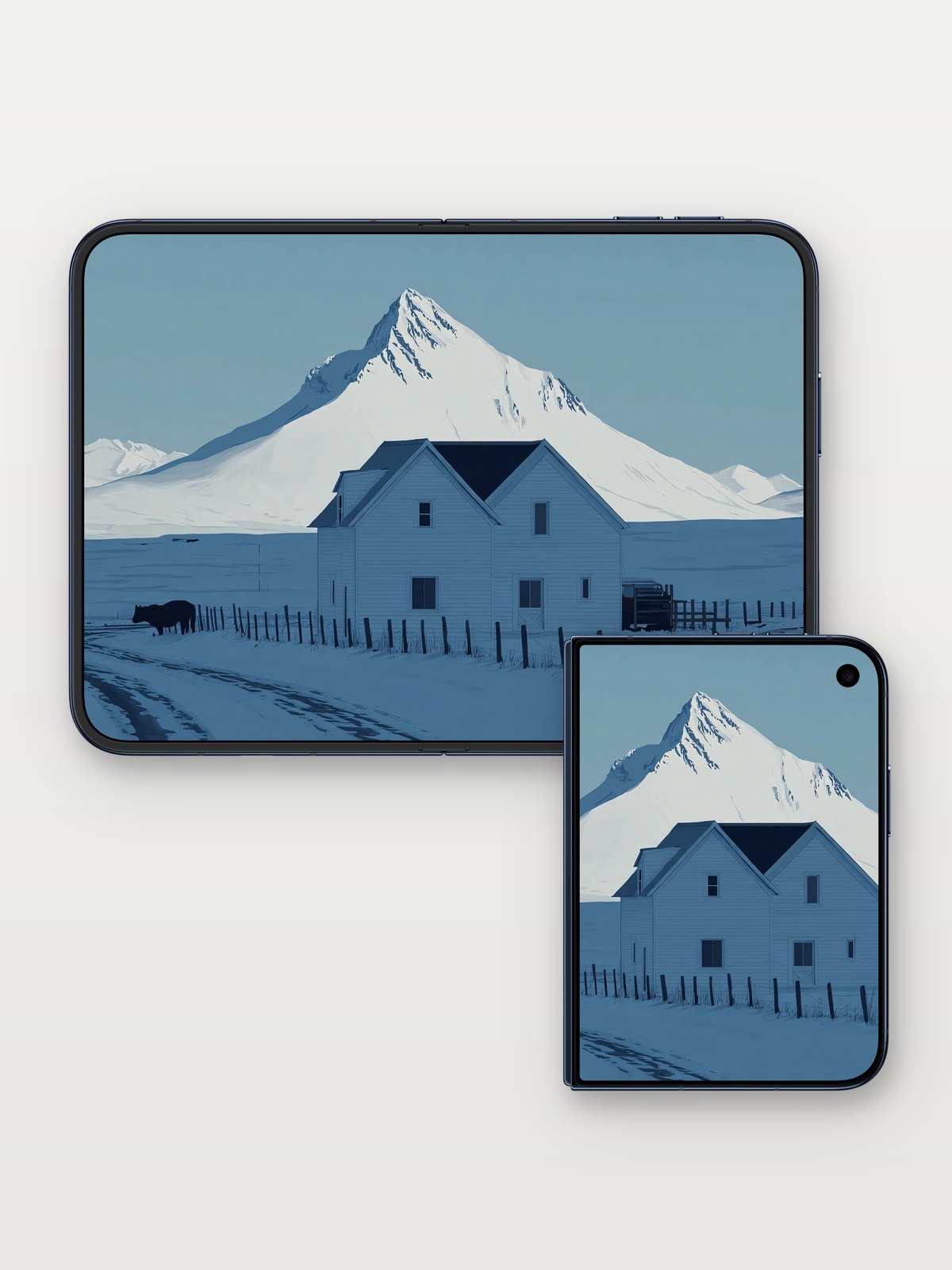 Serene Snowscape Mountain Wallpaper Retreat on iPhone Duo, open and closed