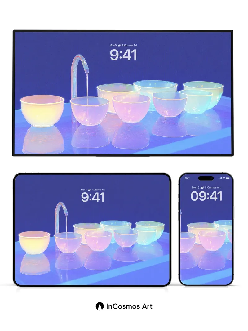 Luminous Pour Wallpaper with Floating Bowls