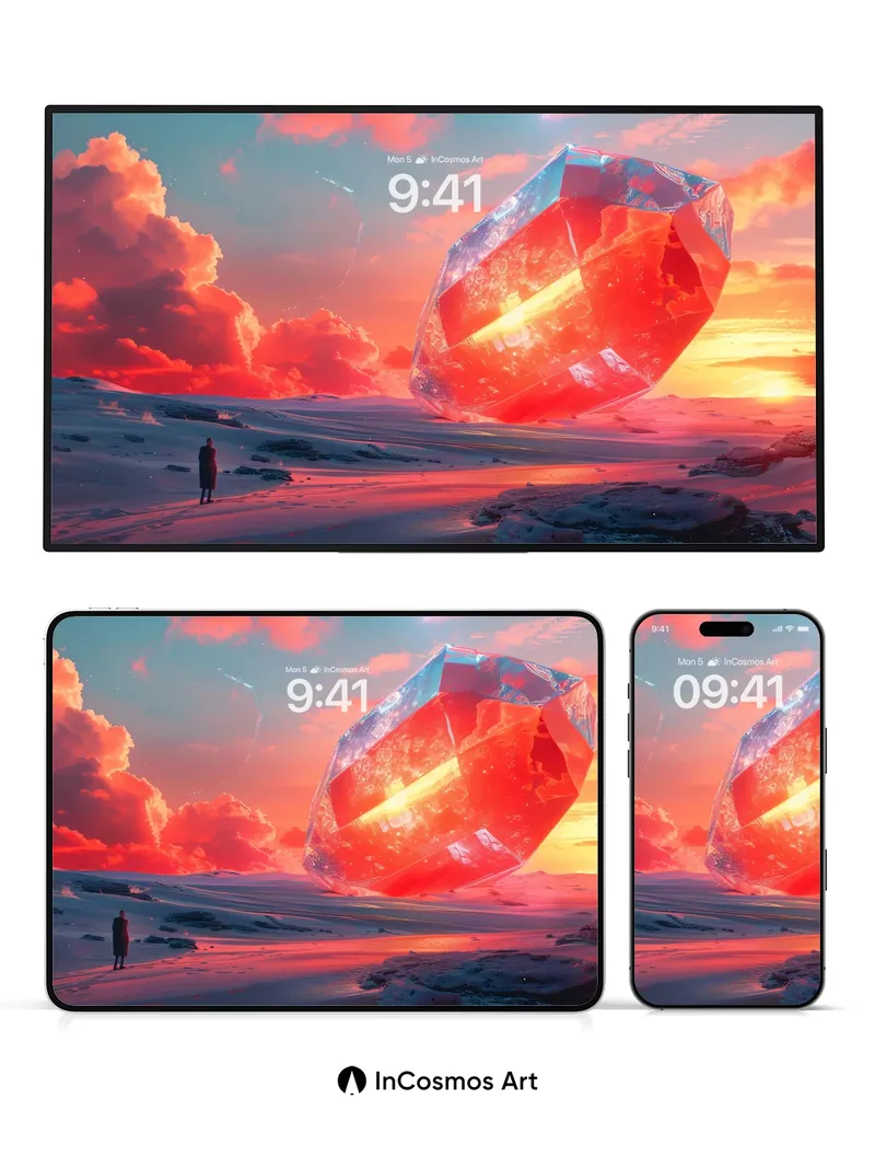 Crimson Prism Wallpaper with Floating Crystal