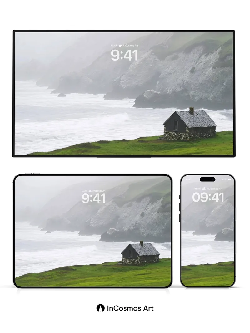 Misty Solitude Wallpaper with Stone Cottage