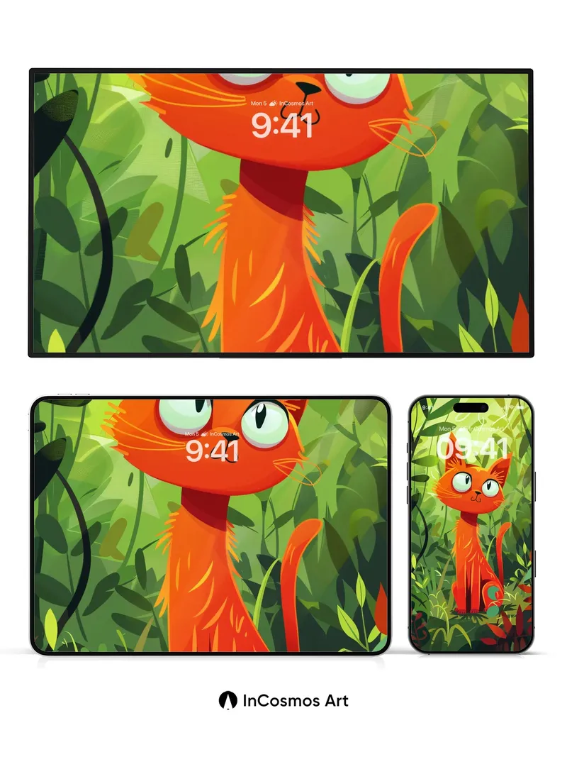 Whimsical Orange Cat Wallpaper in Lush Jungle
