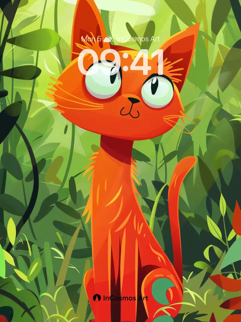 Whimsical Orange Cat Wallpaper in Lush Jungle