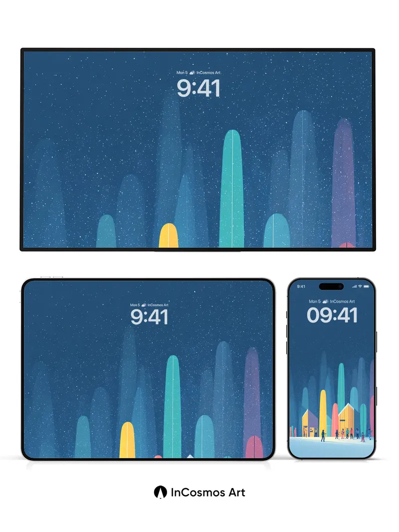 Stellar Forest Wallpaper with Colorful Skiers