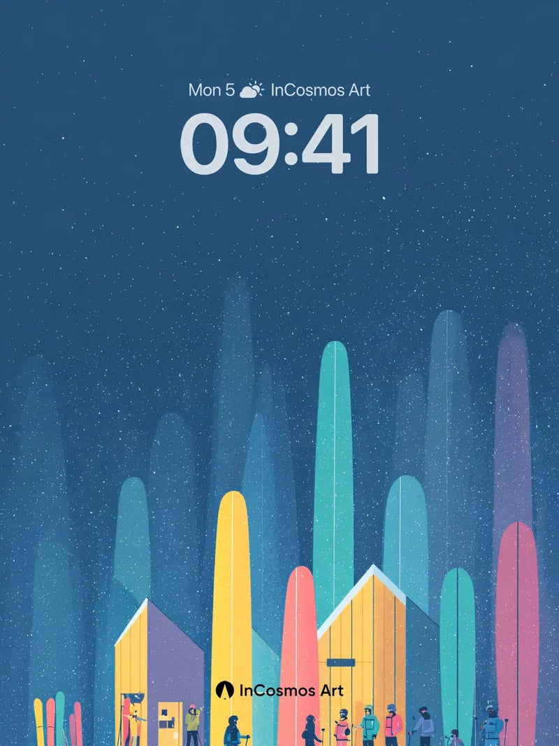 Stellar Forest Wallpaper with Colorful Skiers