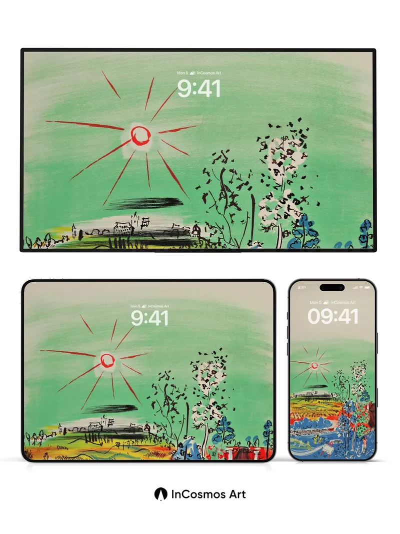 Sunburst Garden Wallpaper with Whimsical Trees