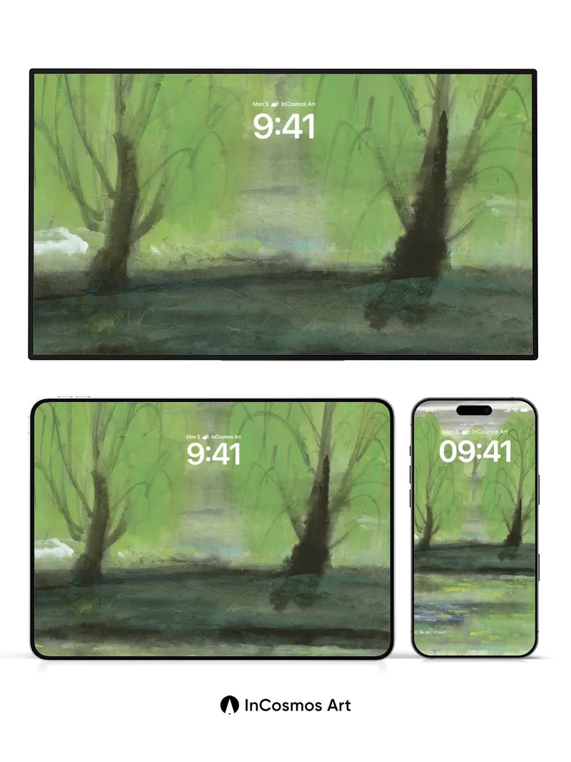 Whispering Willow Wallpaper with Misty Reflections