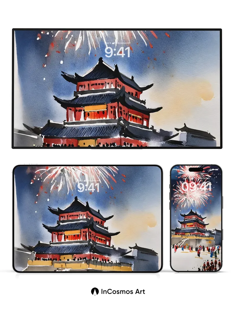 Firework Reverie Wallpaper with Ancient Gate