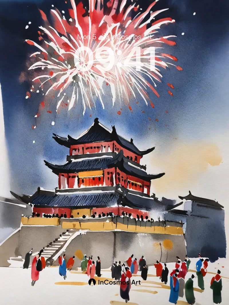 Firework Reverie Wallpaper with Ancient Gate