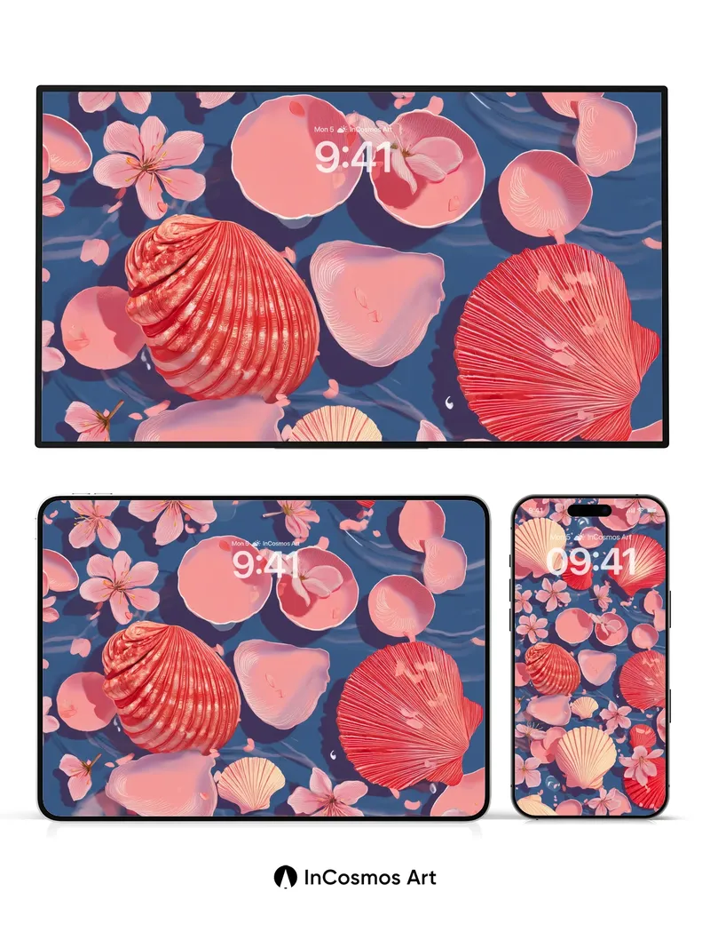 Serenity Drift Wallpaper with Cherry Petals and Shells