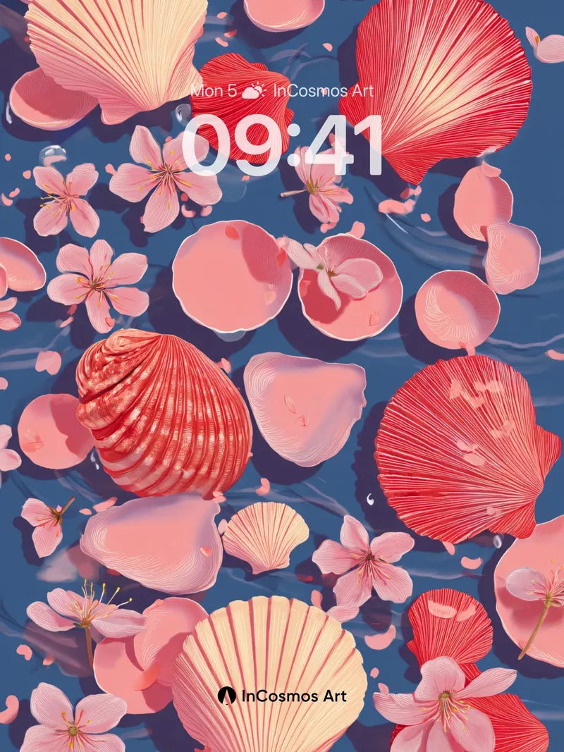 Serenity Drift Wallpaper with Cherry Petals and Shells