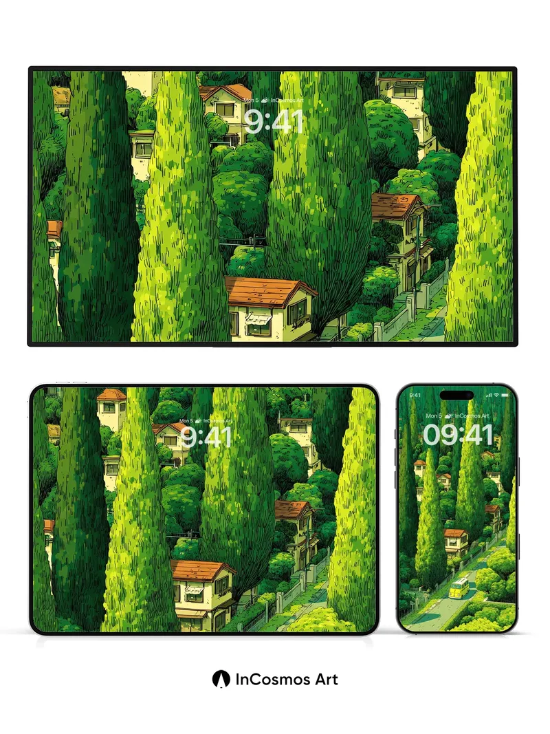 Cypress Whispers Wallpaper with Vintage Van