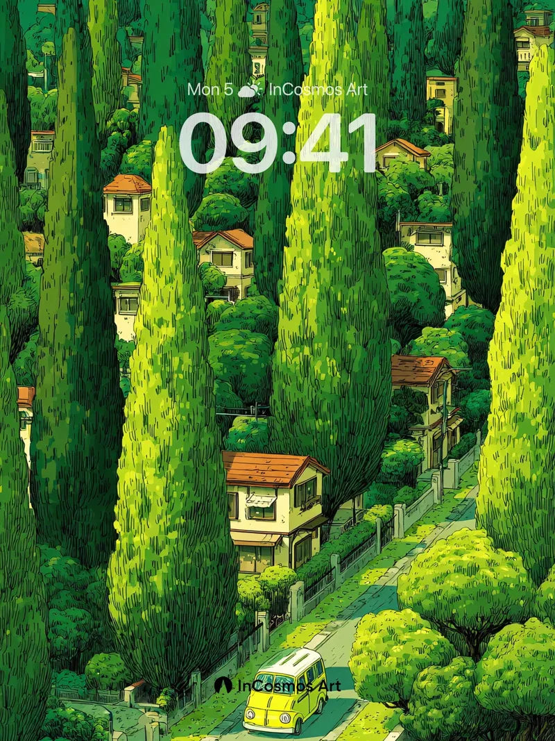 Cypress Whispers Wallpaper with Vintage Van