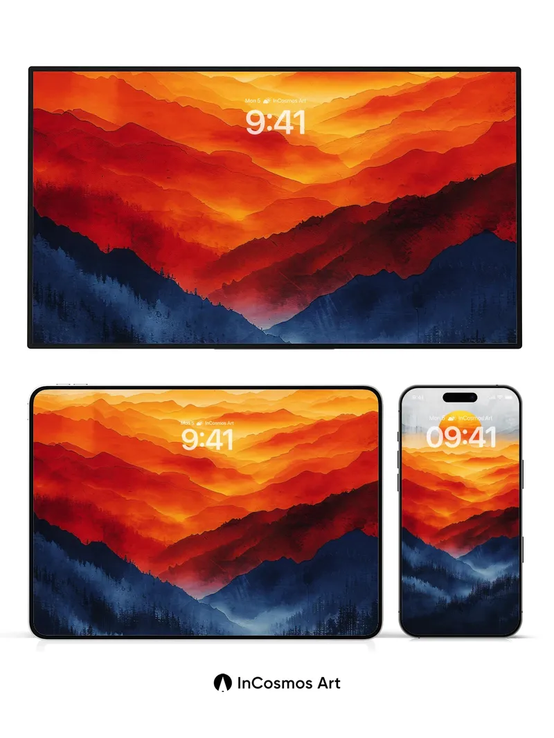 Crimson Horizon Wallpaper with Sunlit Peaks