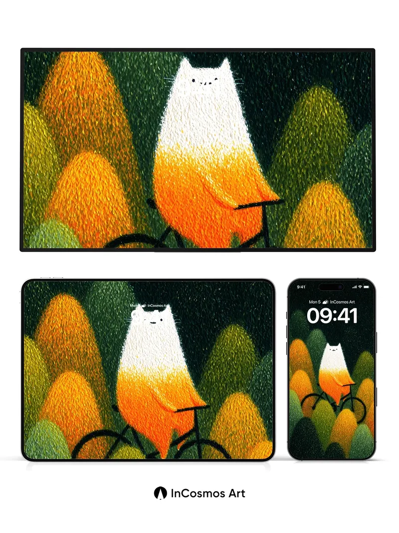 Whispering Forest Wallpaper with Feline Cyclist