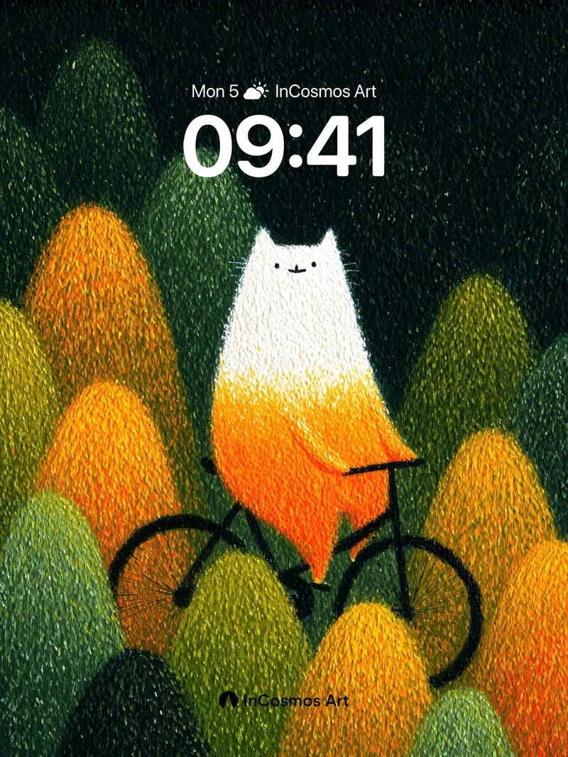 Whispering Forest Wallpaper with Feline Cyclist