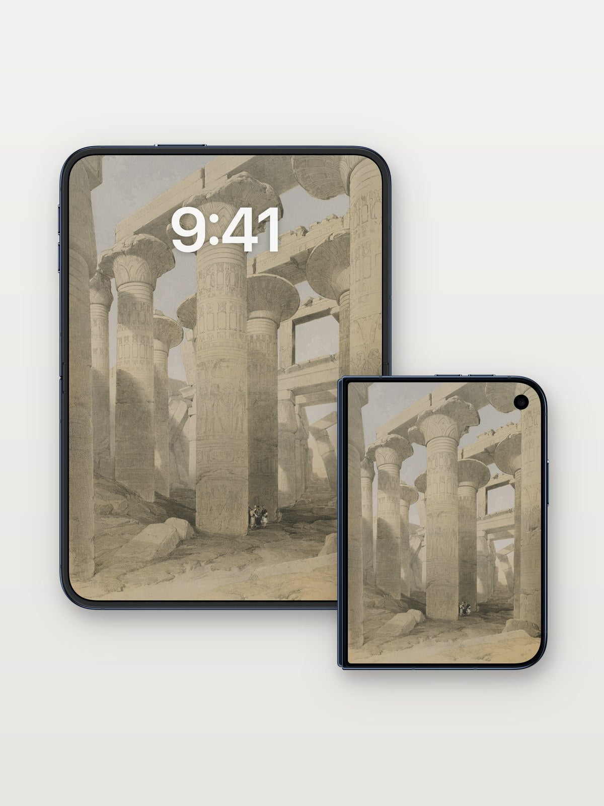 Echoes of Stone Wallpaper with Hieroglyphic Whispers on iPhone Duo, open and closed