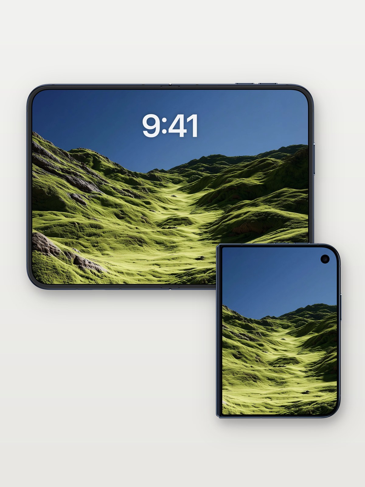 Luminous Valley Wallpaper with Living Moss on iPhone Duo, open and closed
