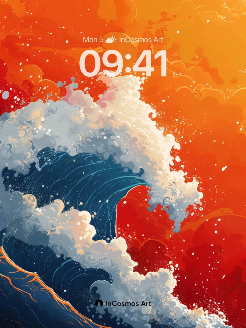 Crimson Surge Wallpaper with Hokusai Waves wallpaper for iPhone, iPad & Mac