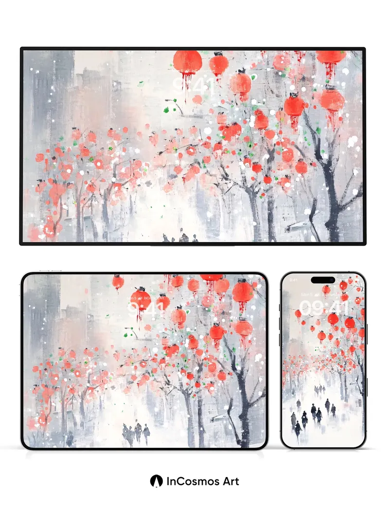 Snowfall Lantern Wallpaper with Ink-Brush Echoes