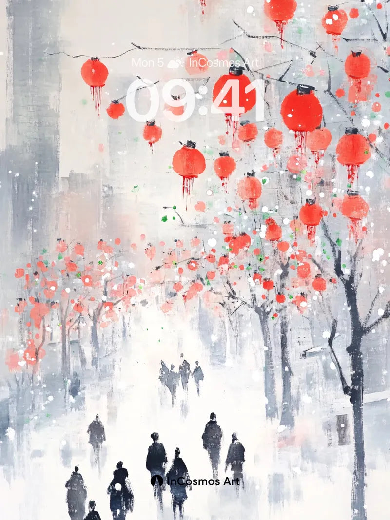 Snowfall Lantern Wallpaper with Ink-Brush Echoes