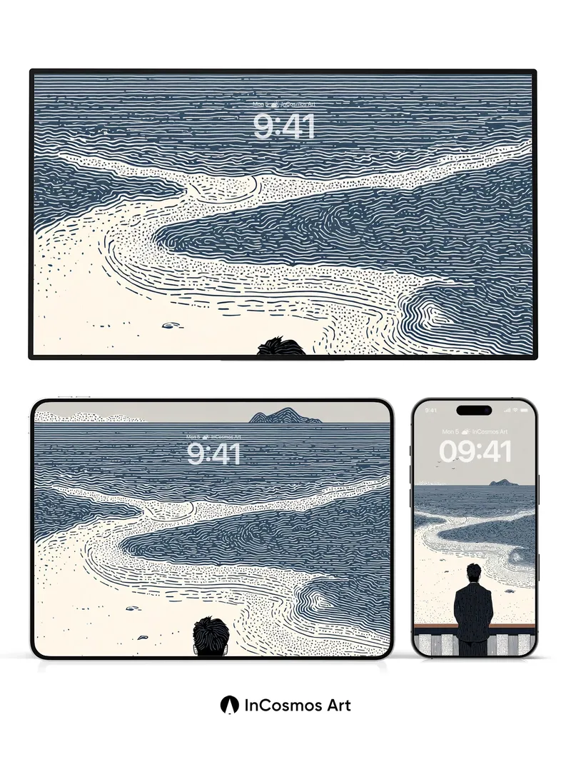 Solitary Tide Wallpaper with Inked Waves