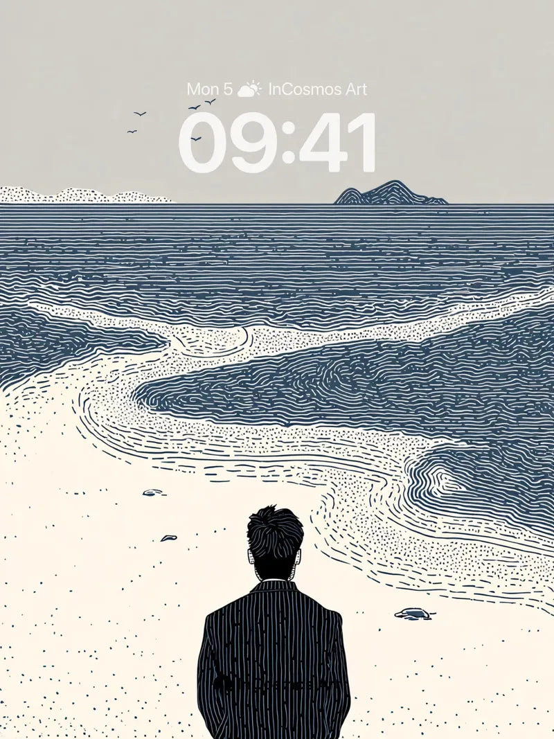 Solitary Tide Wallpaper with Inked Waves wallpaper for iPhone, iPad & Mac