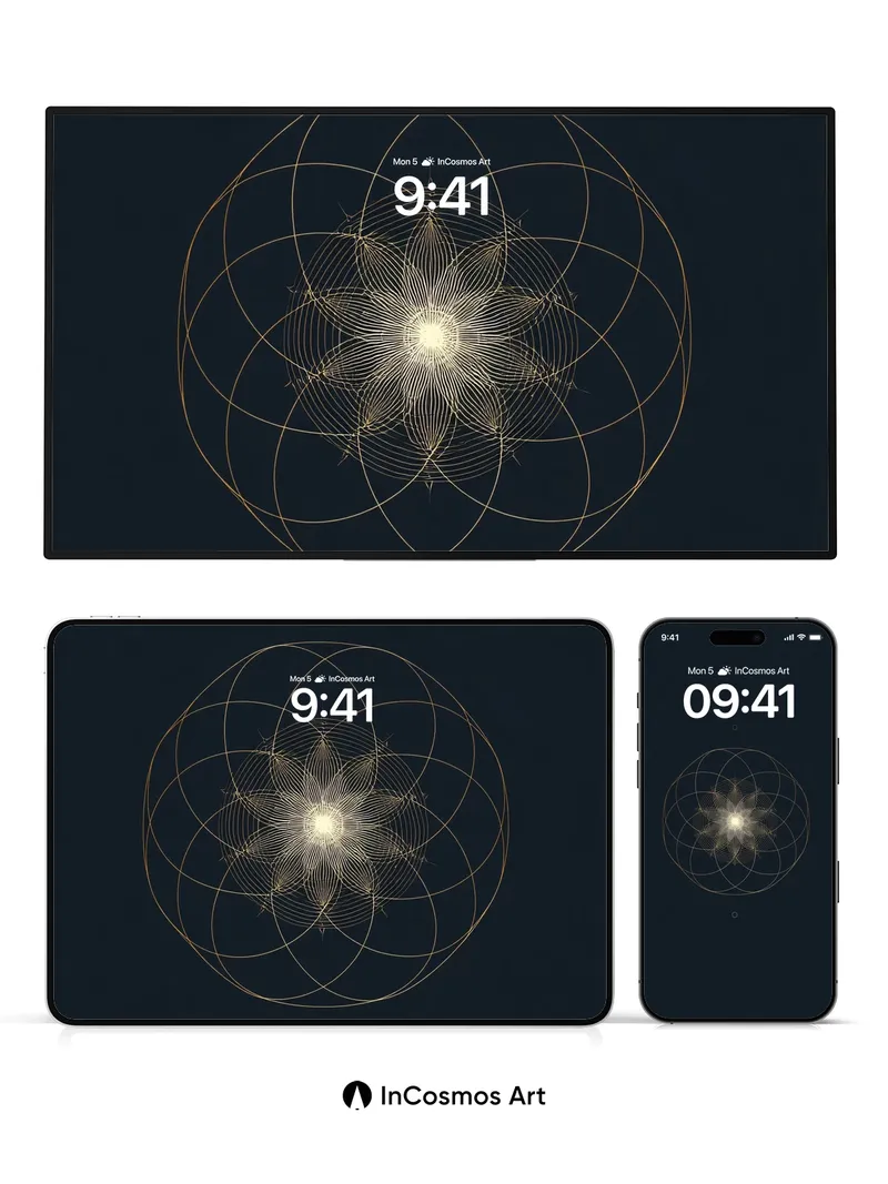 Golden Geometry Wallpaper with Celestial Bloom