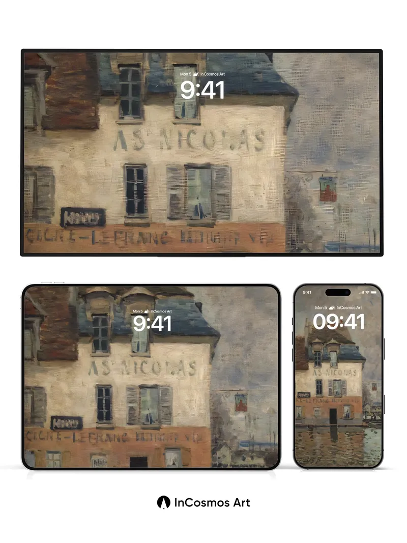 Nostalgic Waterfront Wallpaper with Weathered Facade