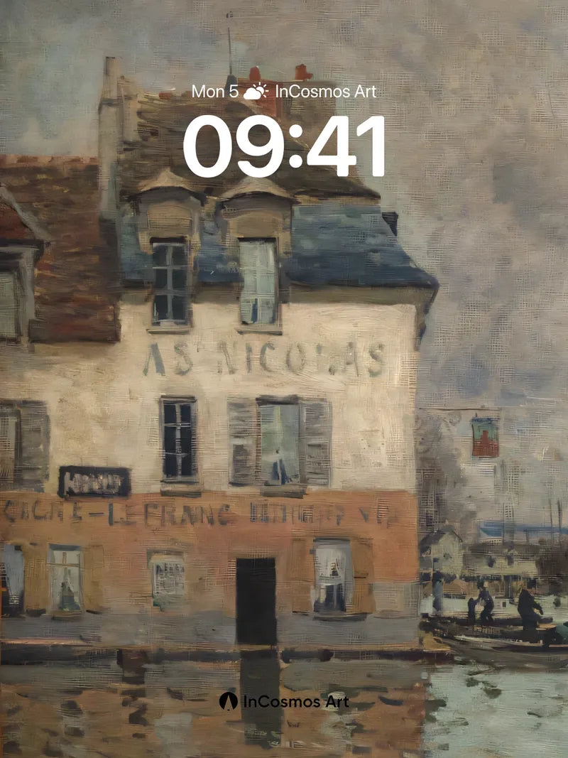 Nostalgic Waterfront Wallpaper with Weathered Facade