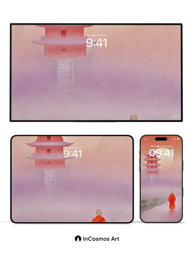 Serene Monk Wallpaper with Floating Pagoda