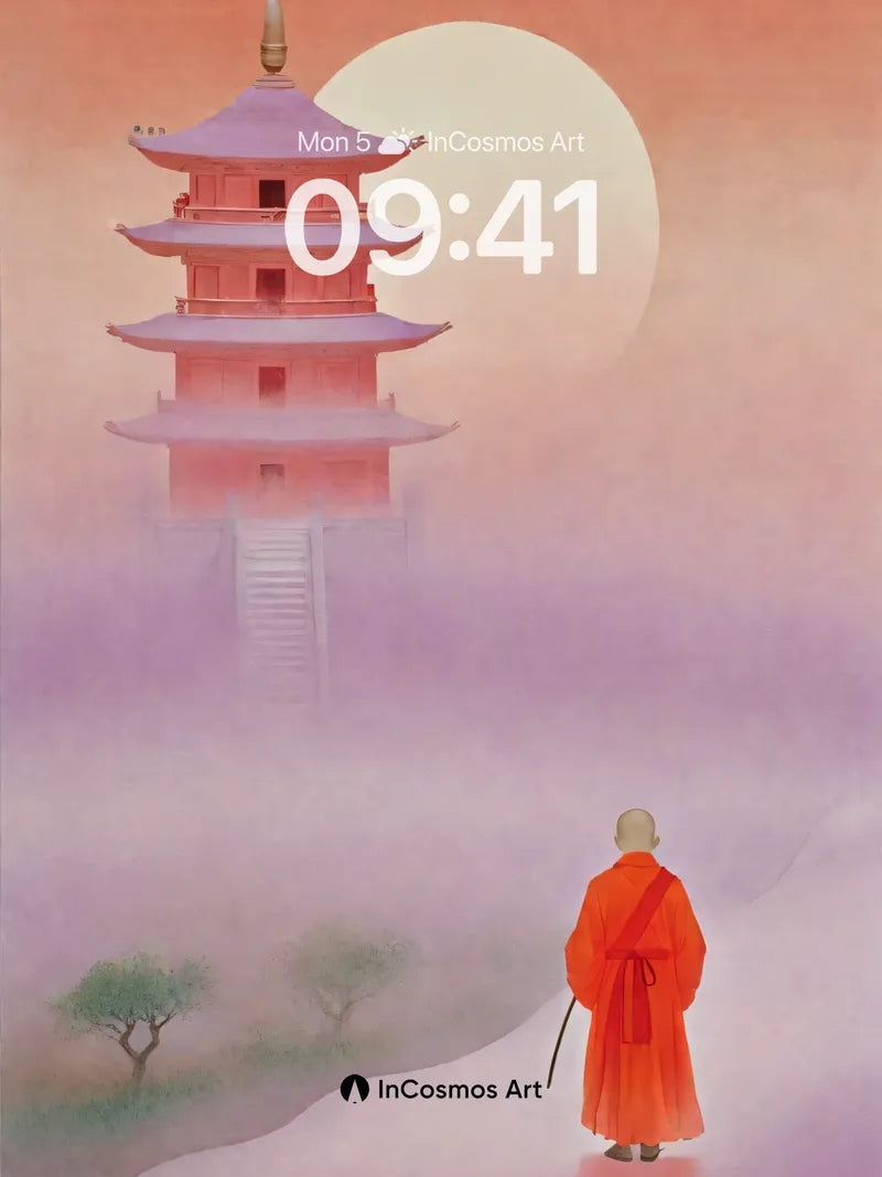 Serene Monk Wallpaper with Floating Pagoda