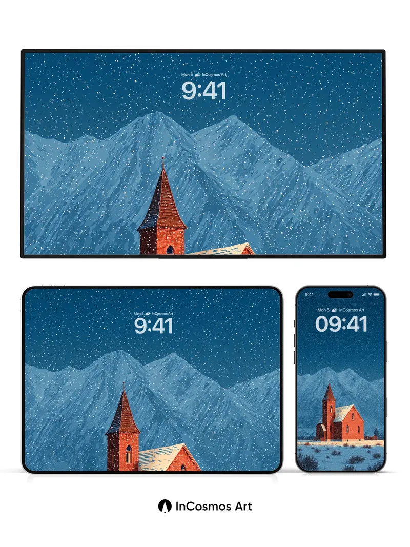 Snowfall Serenity Wallpaper with Crimson Church