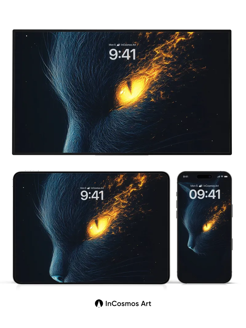 Ember-Eyed Feline Wallpaper with Cosmic Flames